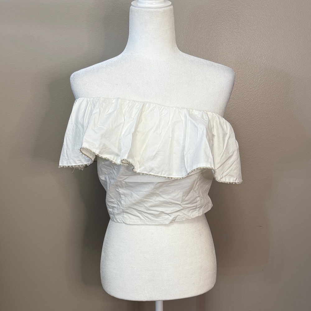 Wildfox Off-Shoulder White Beaded Crop Top